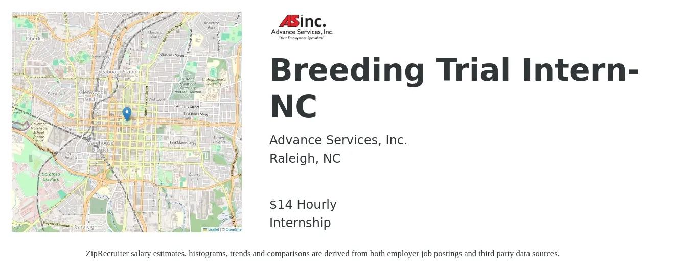Advance Services, Inc. job posting for a Breeding Trial Intern-NC in Raleigh, NC with a salary of $15 Hourly with a map of Raleigh location.