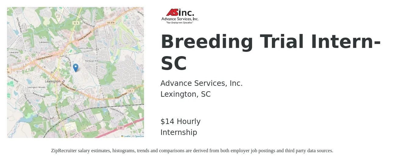 Advance Services, Inc. job posting for a Breeding Trial Intern-SC in Lexington, SC with a salary of $15 Hourly with a map of Lexington location.