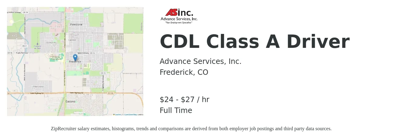 Advance Services, Inc. job posting for a CDL Class A Driver in Frederick, CO with a salary of $25 to $29 Hourly with a map of Frederick location.