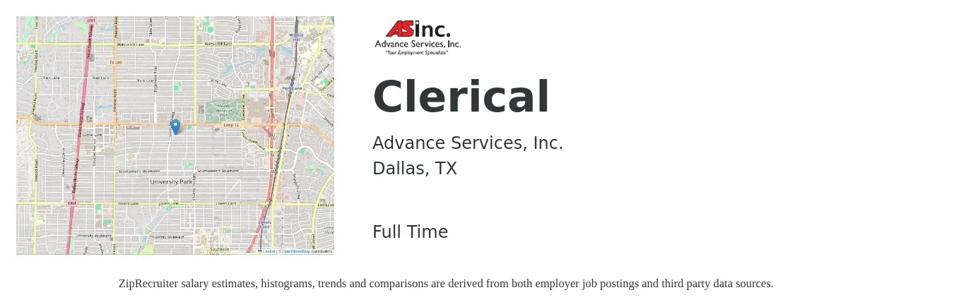 Advance Services, Inc. job posting for a Clerical in Dallas, TX with a salary of $17 to $22 Hourly with a map of Dallas location.
