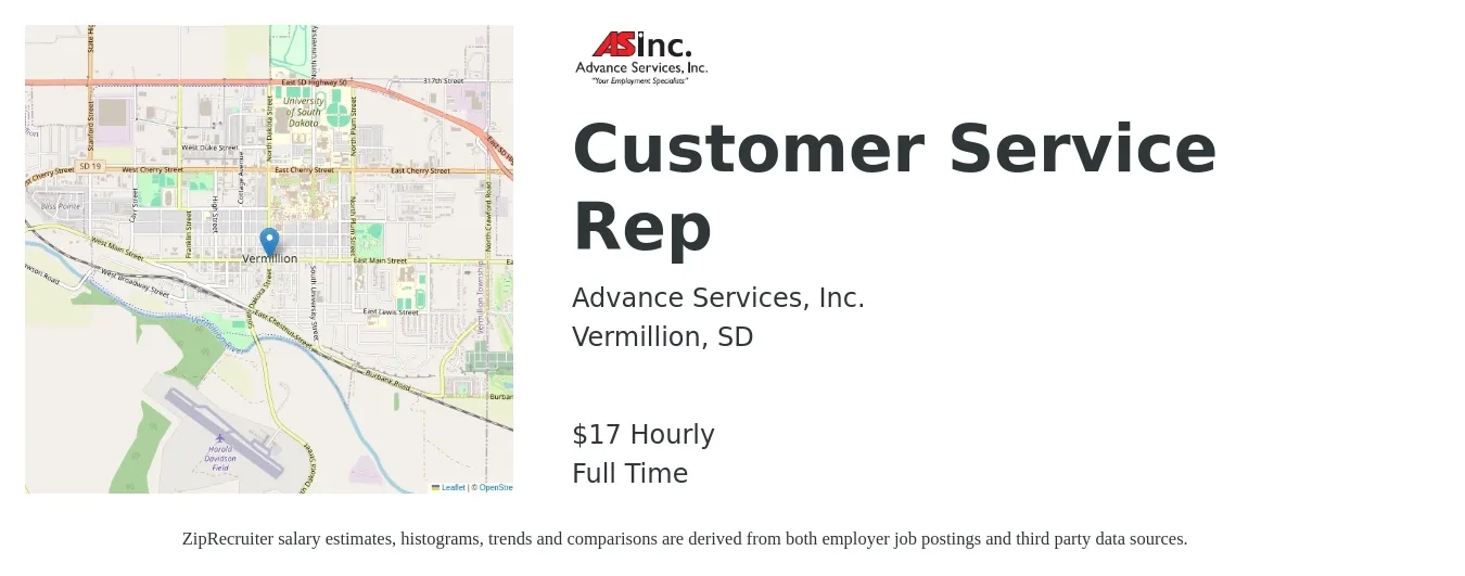 Advance Services, Inc. job posting for a Customer Service Rep in Vermillion, SD with a salary of $18 Hourly with a map of Vermillion location.