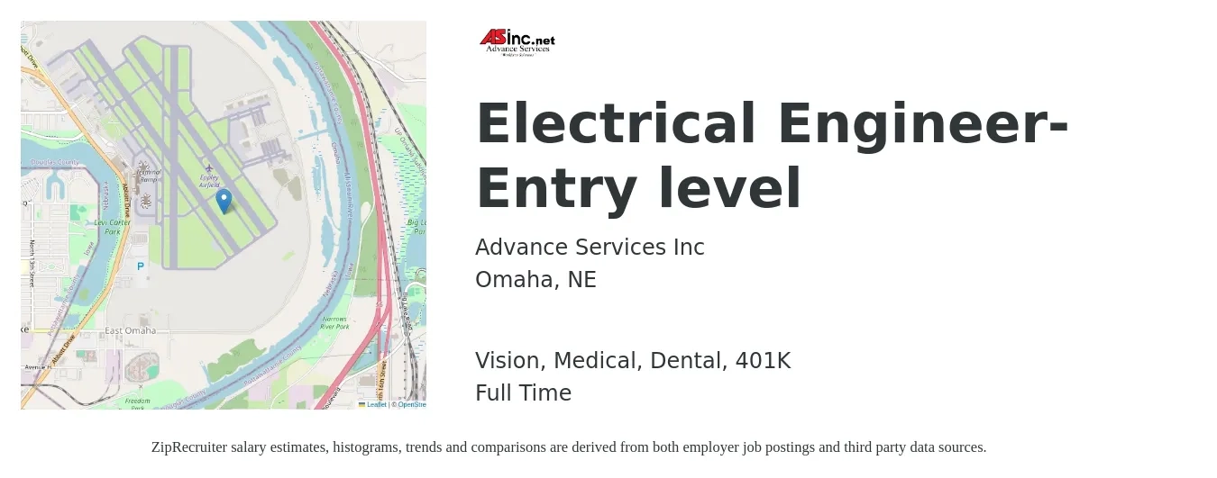 Advance Services Inc job posting for a Electrical Engineer-Entry level in Omaha, NE with a salary of $62,200 to $99,000 Yearly and benefits including 401k, dental, life_insurance, medical, and vision with a map of Omaha location.