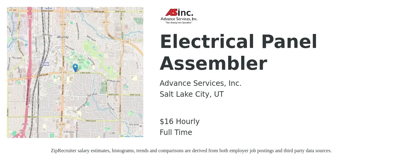 Advance Services, Inc. job posting for a Electrical Panel Assembler in Salt Lake City, UT with a salary of $17 Hourly with a map of Salt Lake City location.