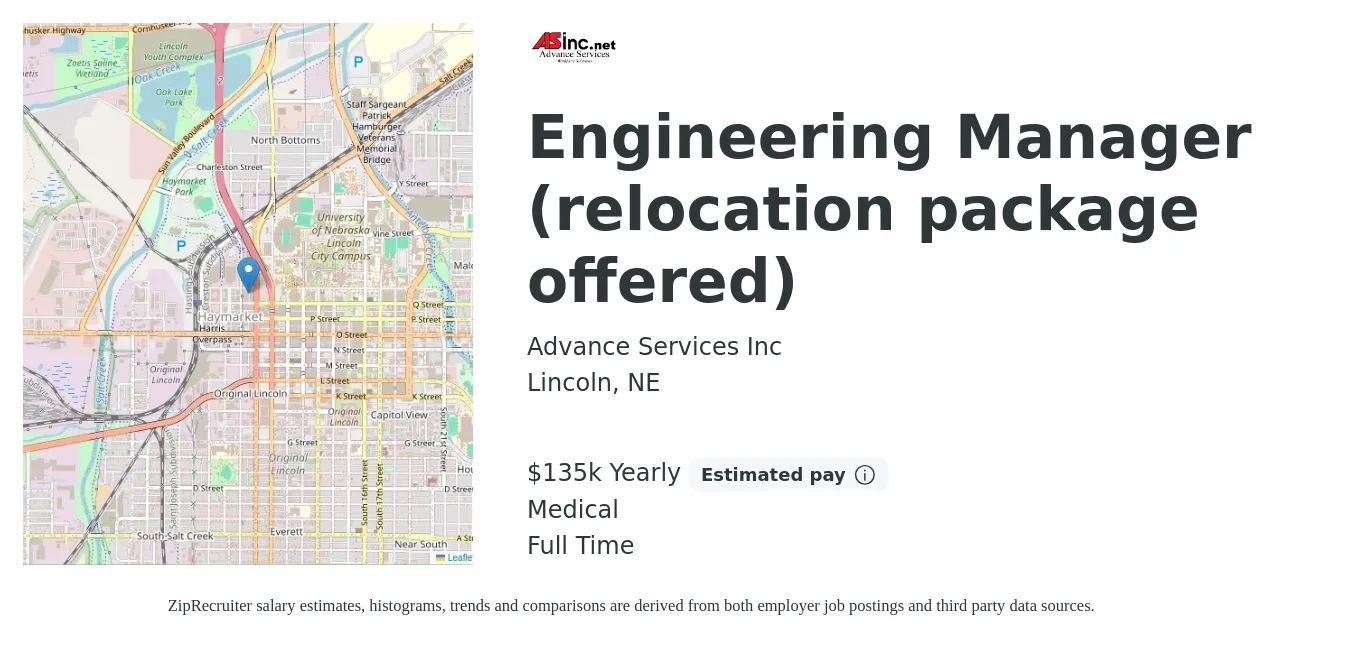Advance Services Inc job posting for a Engineering Manager (relocation package offered) in Lincoln, NE with a salary of $135,000 Yearly and benefits including medical with a map of Lincoln location.
