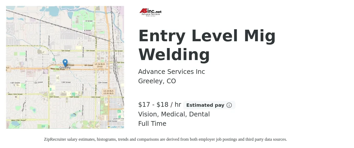 Advance Services Inc job posting for a Entry Level Mig Welding in Greeley, CO with a salary of $18 to $19 Hourly and benefits including life_insurance, medical, pto, vision, and dental with a map of Greeley location.