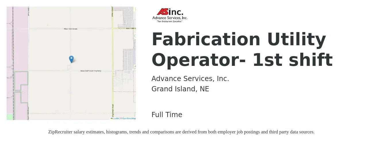 Advance Services Inc job posting for a Fabrication Utility Operator- 1st shift in Grand Island, NE with a salary of $22 to $32 Hourly with a map of Grand Island location.