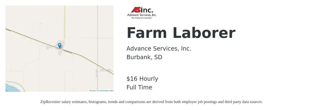 Advance Services, Inc. job posting for a Farm Laborer in Burbank, SD with a salary of $17 Hourly with a map of Burbank location.