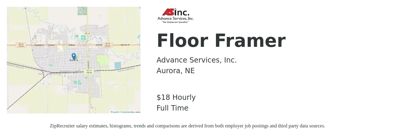 Advance Services, Inc. job posting for a Floor Framer in Aurora, NE with a salary of $20 Hourly with a map of Aurora location.