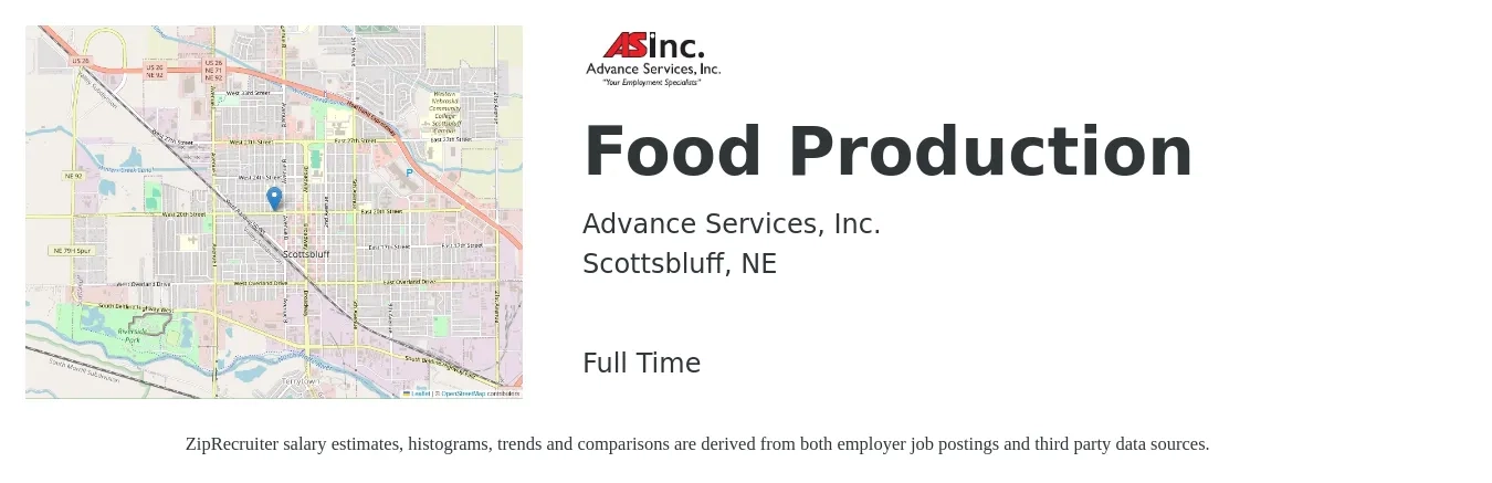Advance Services, Inc. job posting for a Food Production in Scottsbluff, NE with a salary of $16 to $19 Hourly with a map of Scottsbluff location.