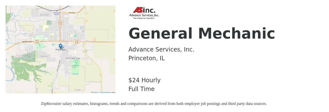 Advance Services, Inc. job posting for a General Mechanic in Princeton, IL with a salary of $25 Hourly with a map of Princeton location.