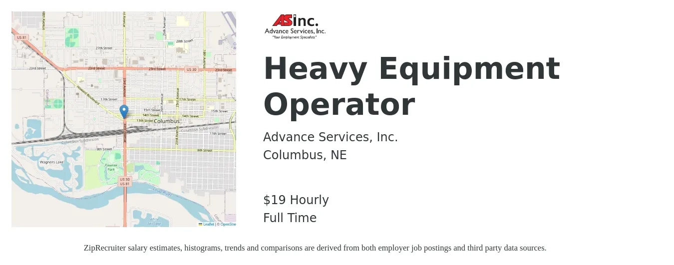 Advance Services job posting for a Heavy Equipment Operator in Columbus, NE with a salary of $20 Hourly with a map of Columbus location.