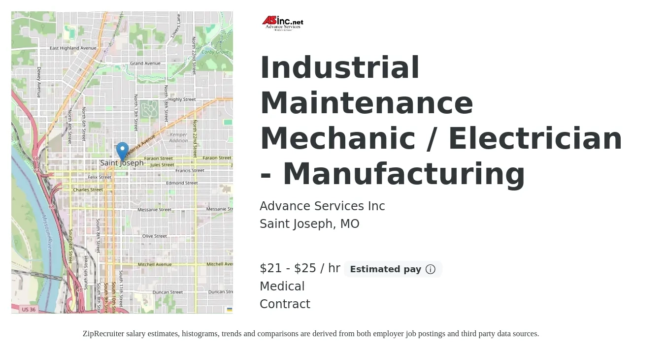 Advance Services Inc job posting for a Industrial Maintenance Mechanic / Electrician - Manufacturing in Saint Joseph, MO with a salary of $22 to $27 Hourly and benefits including medical with a map of Saint Joseph location.