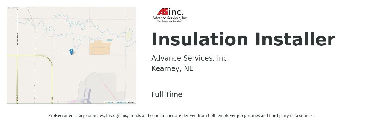Advance Services, Inc. job posting for a Insulation Installer in Kearney, NE with a salary of $17 to $22 Hourly with a map of Kearney location.