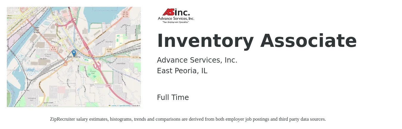 Advance Services, Inc. job posting for a Inventory Associate in East Peoria, IL with a salary of $16 to $20 Hourly with a map of East Peoria location.