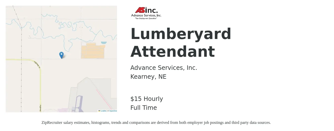 Advance Services, Inc. job posting for a Lumberyard Attendant in Kearney, NE with a salary of $16 Hourly with a map of Kearney location.