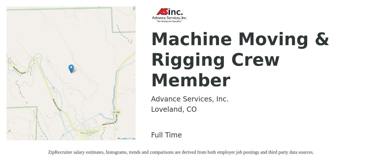 Advance Services, Inc. job posting for a Machine Moving & Rigging Crew Member in Loveland, CO with a salary of $16 to $20 Hourly with a map of Loveland location.