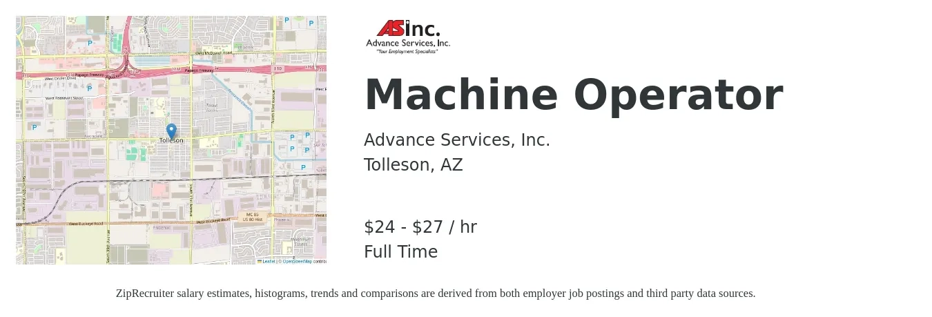 Advance Services, Inc. job posting for a Machine Operator in Tolleson, AZ with a salary of $25 to $29 Hourly with a map of Tolleson location.