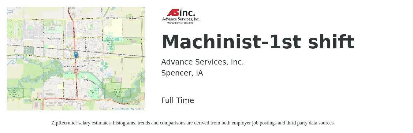 Advance Services, Inc. job posting for a Machinist-1st shift in Spencer, IA with a salary of $20 to $27 Hourly with a map of Spencer location.