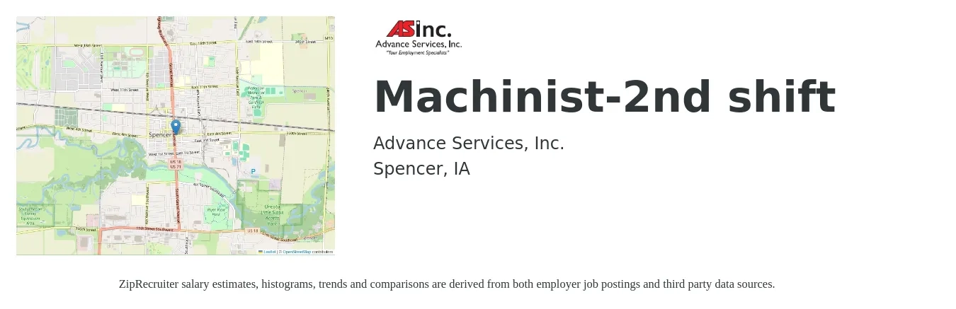 Advance Services, Inc. job posting for a Machinist-2nd shift in Spencer, IA with a salary of $19 to $25 Hourly with a map of Spencer location.