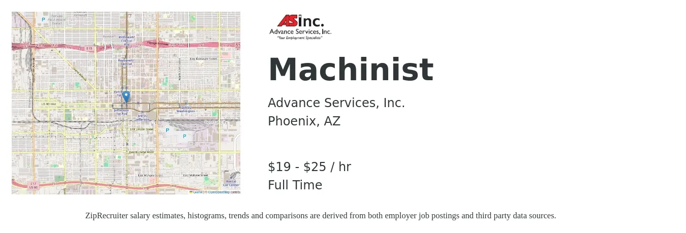 Advance Services, Inc. job posting for a Machinist in Phoenix, AZ with a salary of $20 to $27 Hourly with a map of Phoenix location.