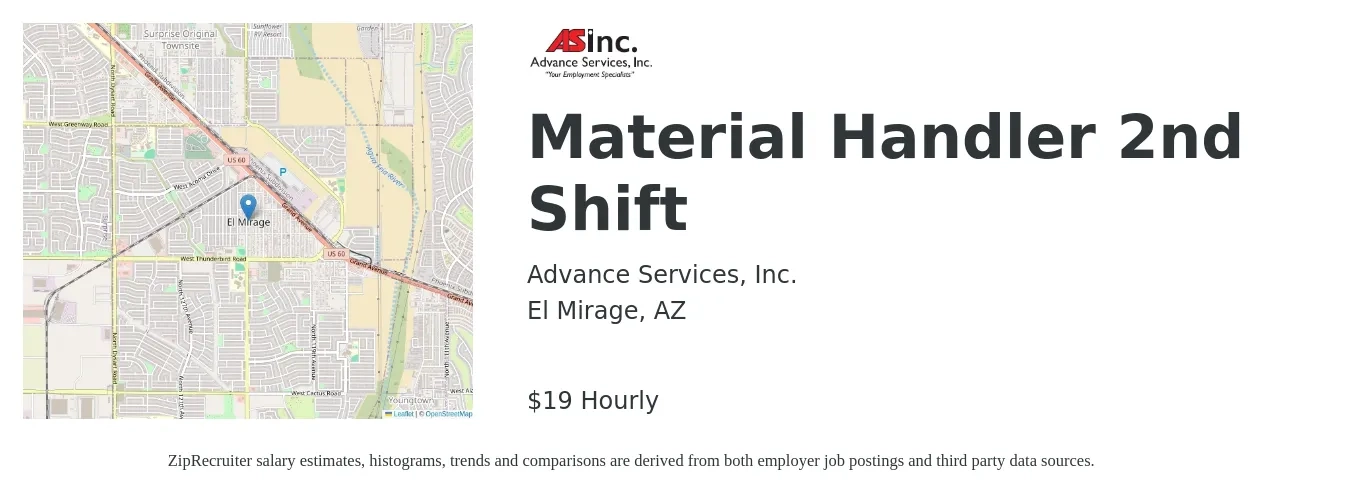 Advance Services, Inc. job posting for a Material Handler 2nd Shift in El Mirage, AZ with a salary of $20 Hourly with a map of El Mirage location.