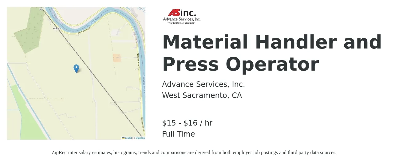 Advance Services, Inc. job posting for a Material Handler and Press Operator in West Sacramento, CA with a salary of $16 to $17 Hourly with a map of West Sacramento location.