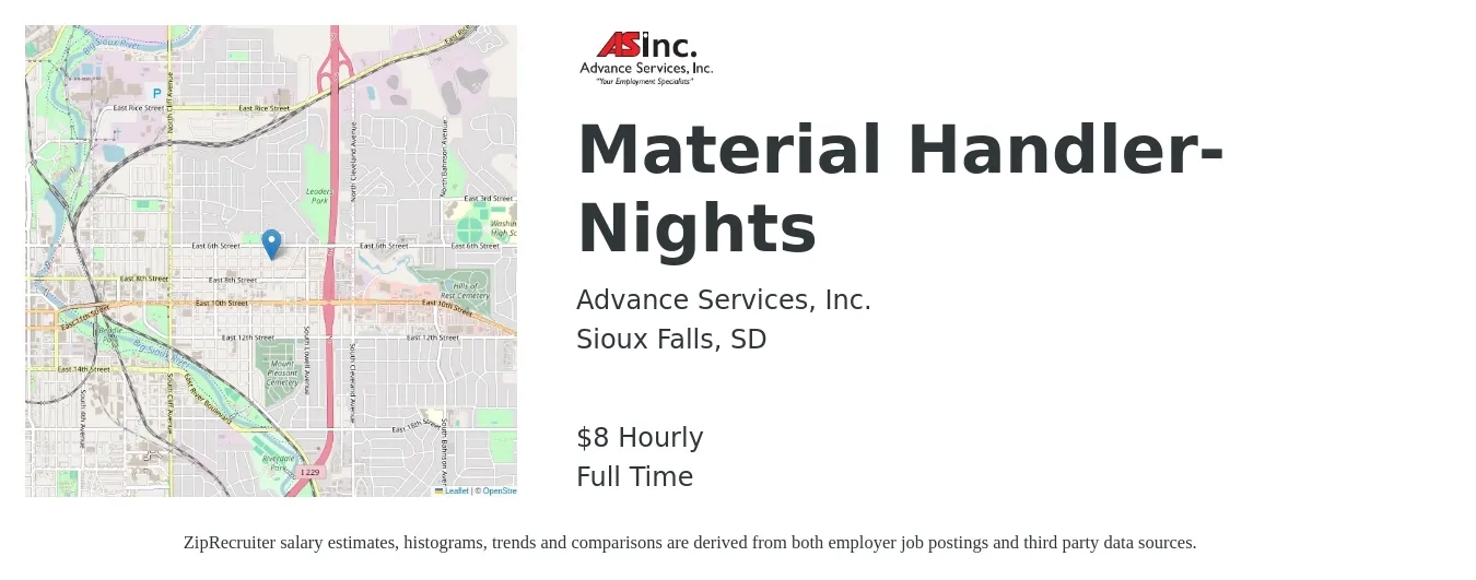 Advance Services, Inc. job posting for a Material Handler- Nights in Sioux Falls, SD with a salary of $9 Hourly with a map of Sioux Falls location.
