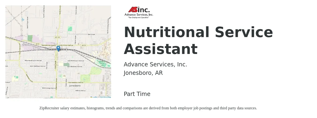 Advance Services Inc job posting for a Nutritional Service Assistant in Jonesboro, AR with a salary of $13 to $17 Hourly with a map of Jonesboro location.