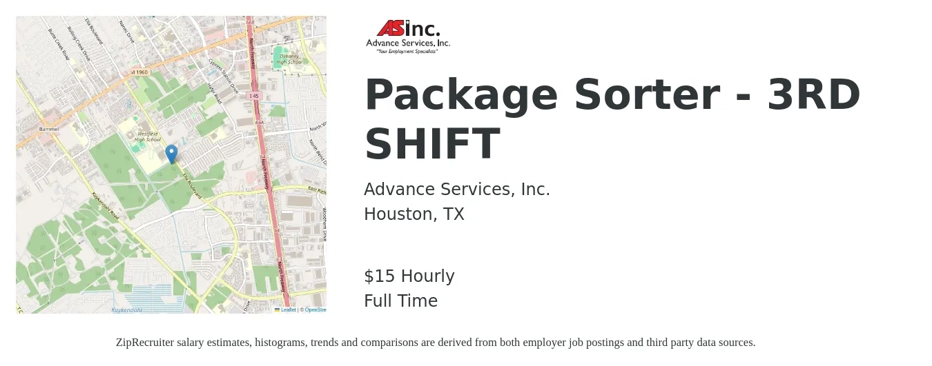 Advance Services, Inc. job posting for a Package Sorter - 3RD SHIFT in Houston, TX with a salary of $16 Hourly with a map of Houston location.