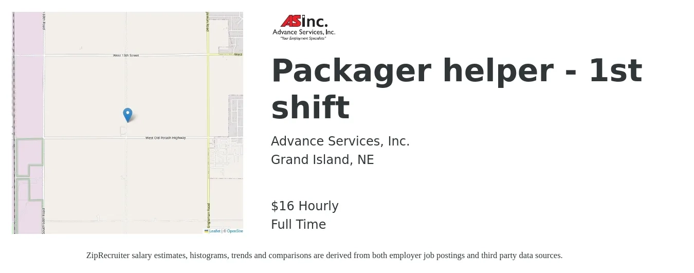 Advance Services Inc job posting for a Packager Helper - 1st shift in Grand Island, NE with a salary of $17 Hourly with a map of Grand Island location.
