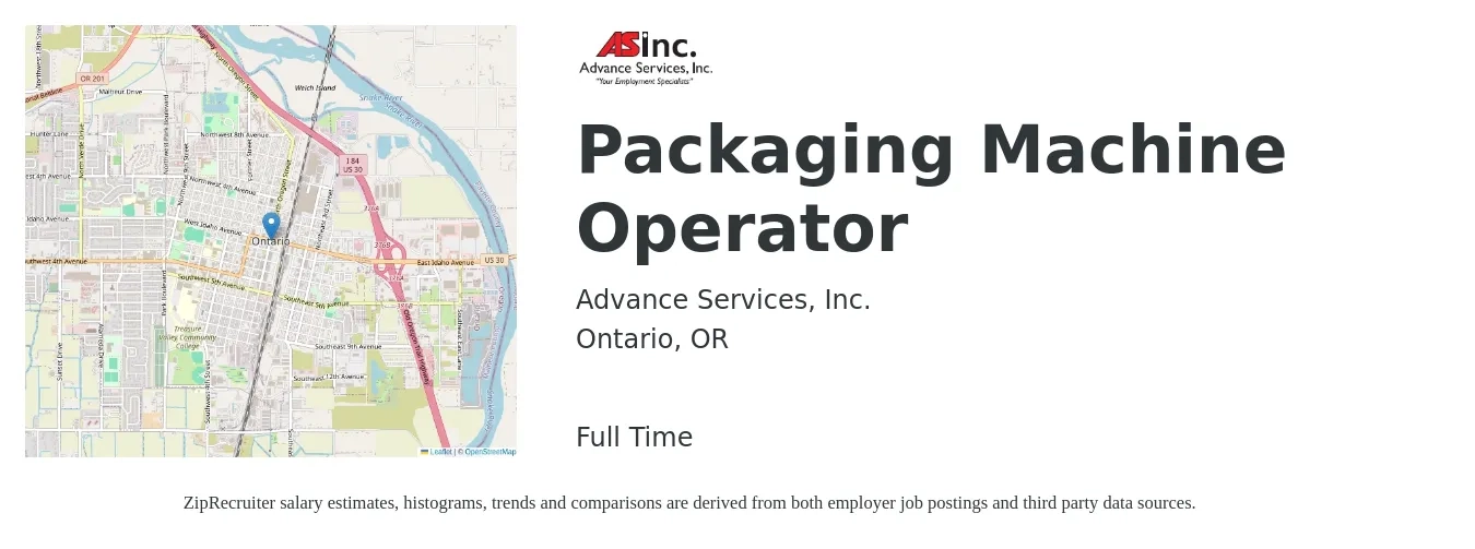 Advance Services Inc job posting for a Packaging Machine Operator in Ontario, OR with a salary of $16 to $20 Hourly with a map of Ontario location.