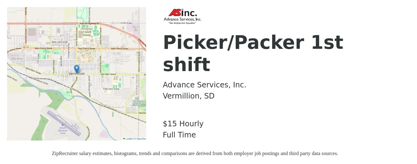 Advance Services Inc job posting for a Picker/Packer 1st shift in Vermillion, SD with a salary of $16 Hourly with a map of Vermillion location.