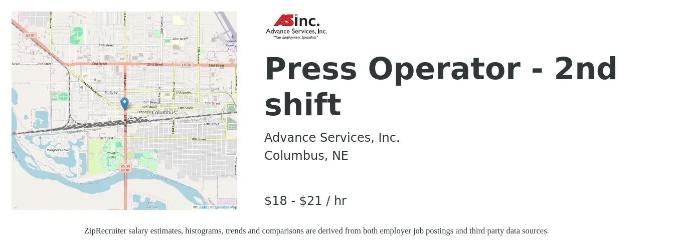 Advance Services, Inc. job posting for a Press Operator - 2nd shift in Columbus, NE with a salary of $19 to $22 Hourly with a map of Columbus location.