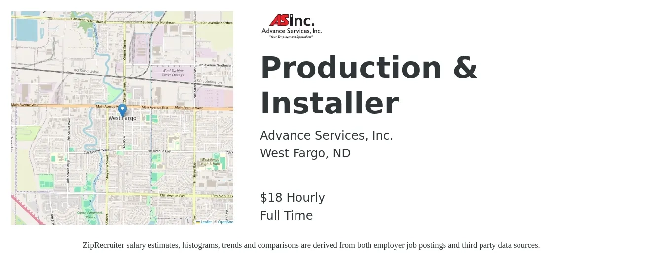 Advance Services, Inc. job posting for a Production & Installer in West Fargo, ND with a salary of $20 Hourly with a map of West Fargo location.