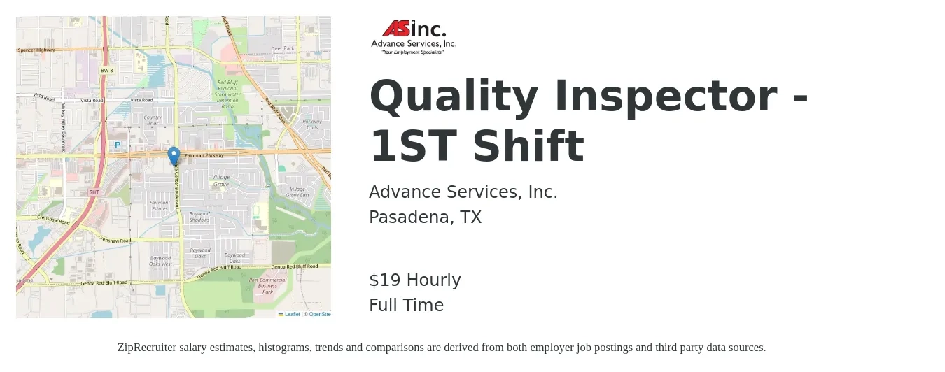 Advance Services Inc job posting for a Quality Inspector - 1ST Shift in Pasadena, TX with a salary of $20 Hourly with a map of Pasadena location.