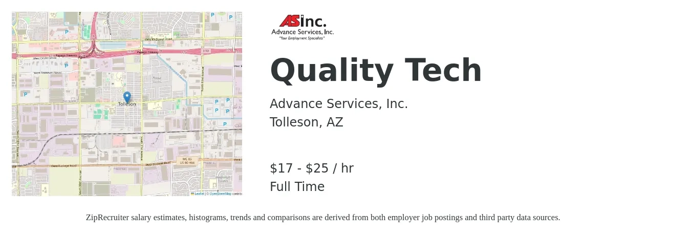 Advance Services, Inc. job posting for a Quality Tech in Tolleson, AZ with a salary of $18 to $26 Hourly with a map of Tolleson location.