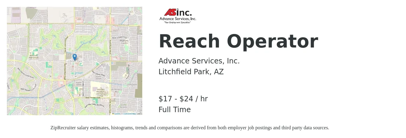 Advance Services, Inc. job posting for a Reach Operator in Litchfield Park, AZ with a salary of $18 to $25 Hourly with a map of Litchfield Park location.