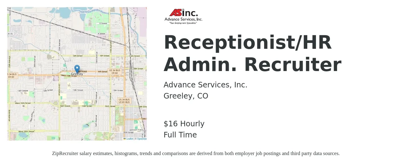 Advance Services Inc job posting for a Receptionist/HR Admin. Recruiter in Greeley, CO with a salary of $18 Hourly with a map of Greeley location.