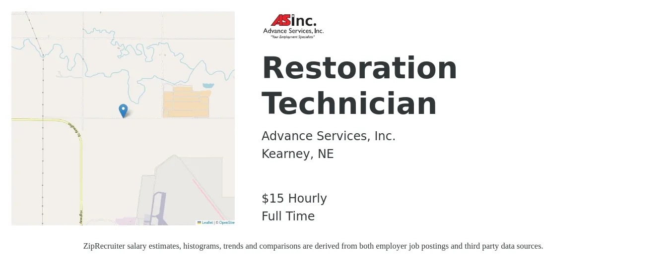 Advance Services, Inc. job posting for a Restoration Technician in Kearney, NE with a salary of $16 Hourly with a map of Kearney location.