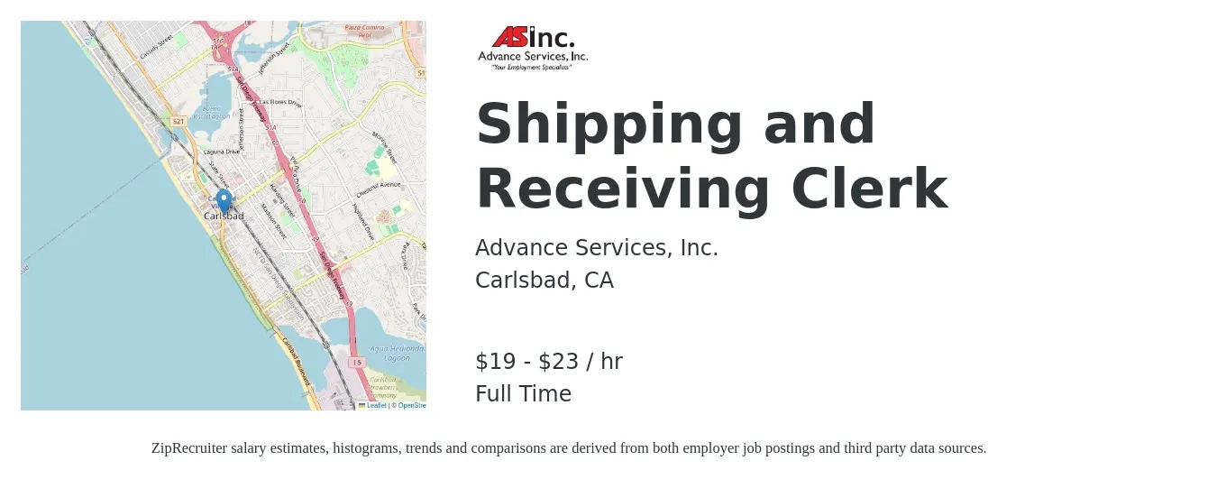Advance Services, Inc. job posting for a Shipping and Receiving Clerk in Carlsbad, CA with a salary of $20 to $24 Hourly with a map of Carlsbad location.