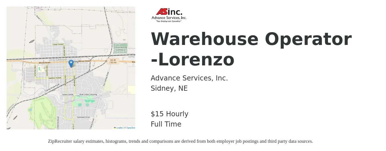 Advance Services, Inc. job posting for a Warehouse Operator -Lorenzo in Sidney, NE with a salary of $16 Hourly with a map of Sidney location.