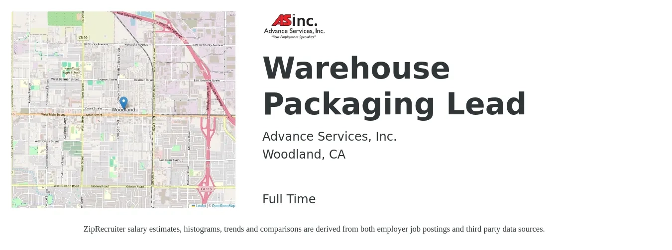 Advance Services, Inc. job posting for a Warehouse Packaging Lead in Woodland, CA with a salary of $20 to $25 Hourly with a map of Woodland location.