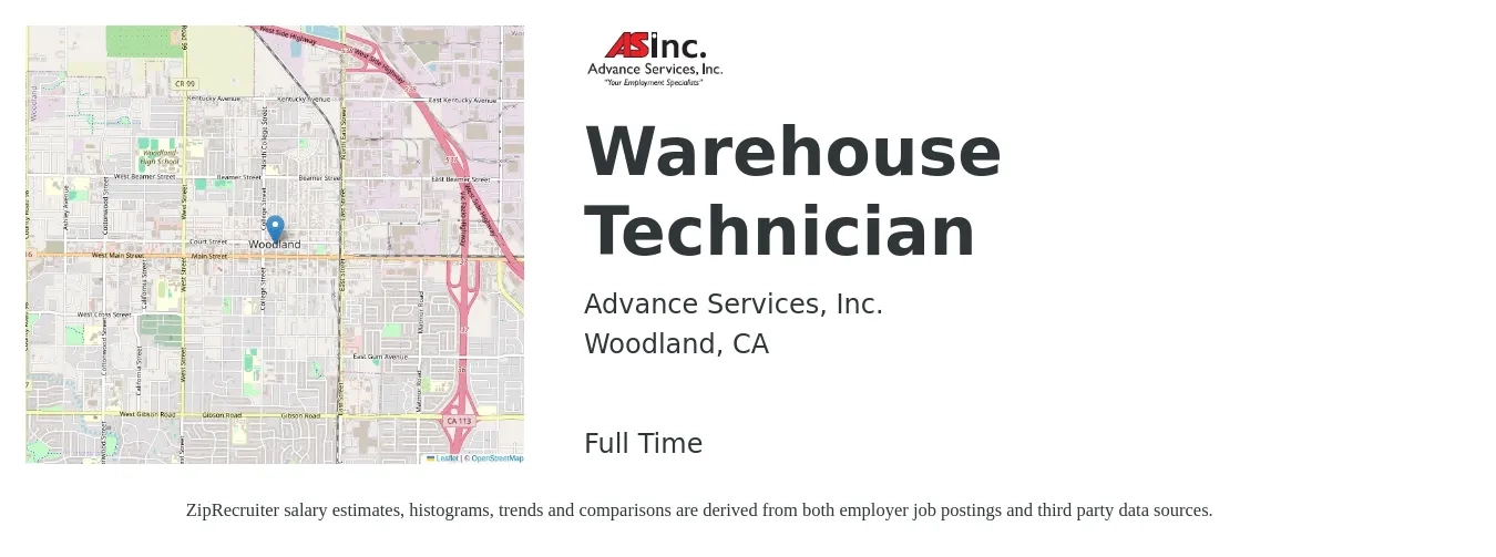 Advance Services, Inc. job posting for a Warehouse Technician in Woodland, CA with a salary of $18 to $22 Hourly with a map of Woodland location.