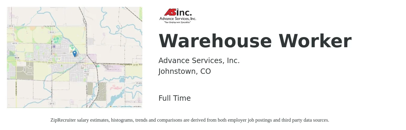 Advance Services, Inc. job posting for a Warehouse Worker in Johnstown, CO with a salary of $16 Hourly with a map of Johnstown location.