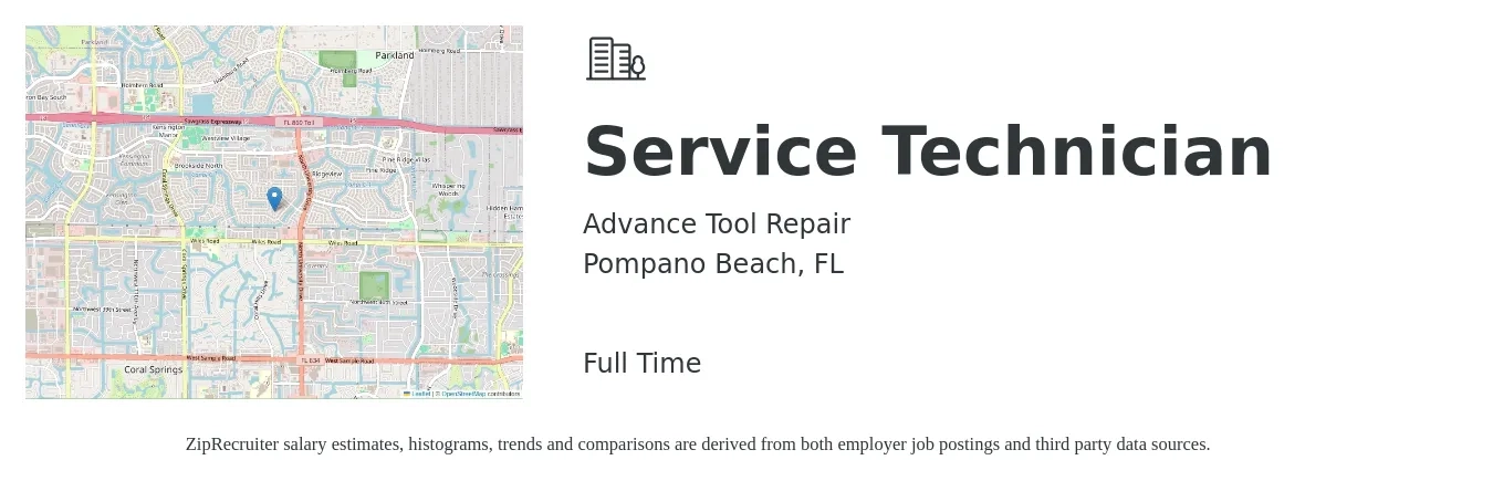 Advance Tool Repair job posting for a Service Technician in Pompano Beach, FL with a salary of $19 to $26 Hourly with a map of Pompano Beach location.