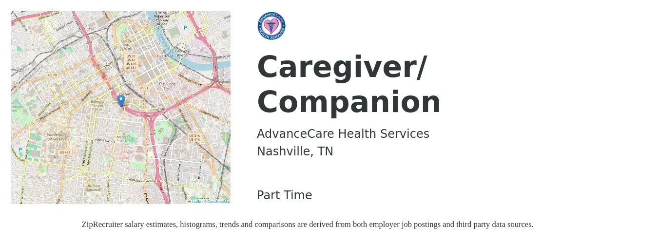 AdvanceCare Health Services job posting for a Caregiver/ Companion in Nashville, TN with a salary of $15 Hourly with a map of Nashville location.
