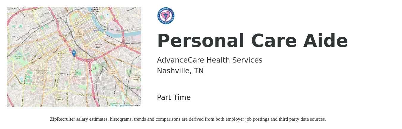 AdvanceCare Health Services job posting for a Personal Care Aide in Nashville, TN with a salary of $15 Hourly with a map of Nashville location.