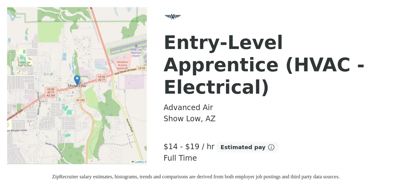 Advanced Air job posting for a Entry-Level Apprentice (HVAC - Electrical) in Show Low, AZ with a salary of $15 to $20 Hourly with a map of Show Low location.