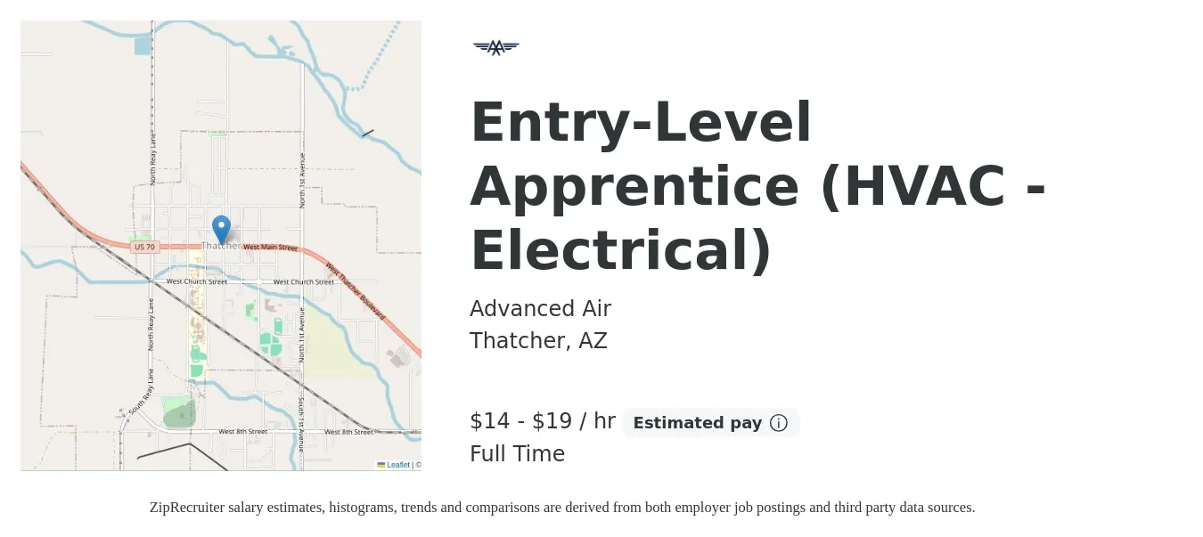 Advanced Air job posting for a Entry-Level Apprentice (HVAC - Electrical) in Thatcher, AZ with a salary of $15 to $20 Hourly with a map of Thatcher location.