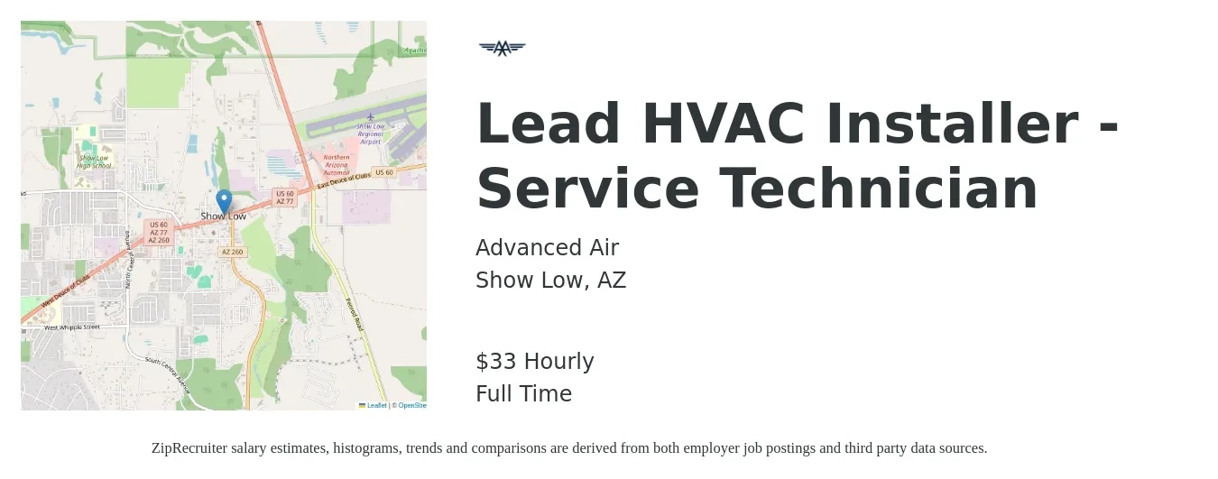 Advanced Air job posting for a Lead HVAC Installer - Service Technician in Show Low, AZ with a salary of $35 Hourly with a map of Show Low location.